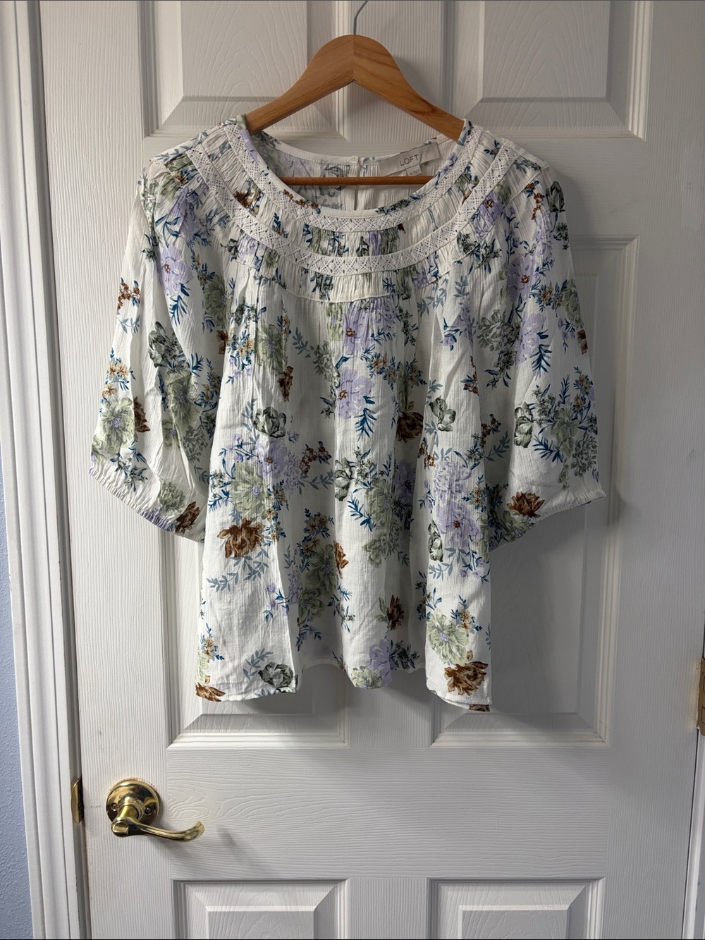 LOFT White Floral Smocked Yoke Blouse